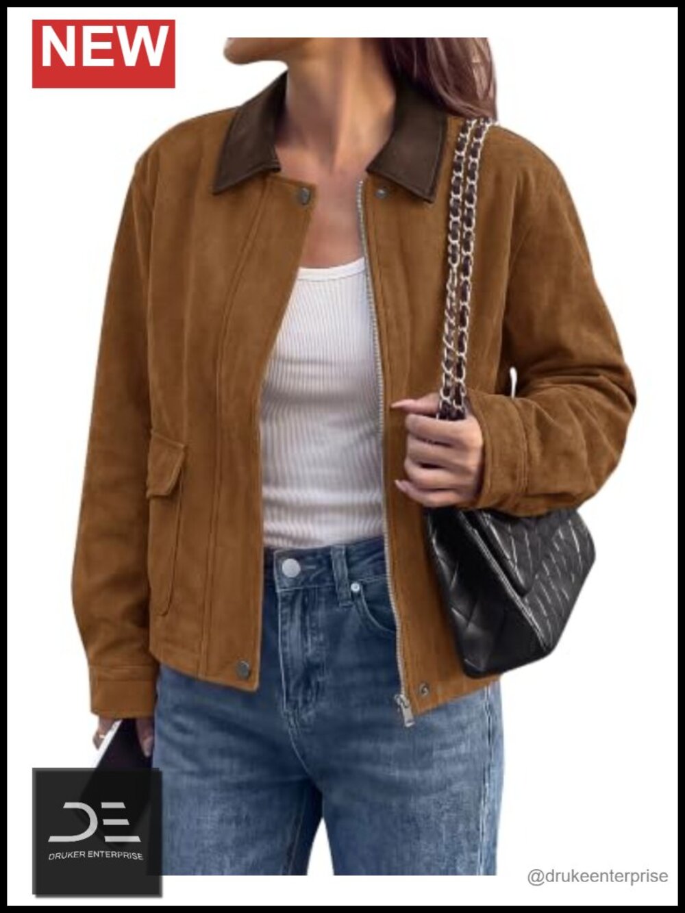 Faux Suede Jacket Women Faux Leather Lapel Zip Up Fall Moto Biker